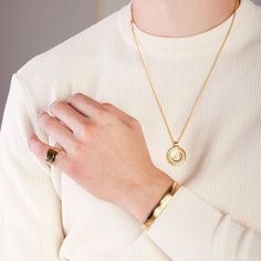 Handcrafted in 18k Yellow Gold and White Diamonds23mm Medallion on 22" Chain [0.16-carats] ﻿You may also like our Men's Vidi Pave Medallion Ring Icon, Chevron Earrings, Chevron Bracelet, Chevron Necklace, Chevron Ring, Gold Diamond Necklace, Mens Gold, Pinky Ring, Gold Pendant Necklace