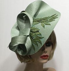 Sage Derby Fascinator, Horse Race Hat, Kentucky Derby Hat, Preakness Race, Sage Leaf Church Hat, Tea Party Hat, Wedding Guest Hat This lovely fascinator is Sage with embroidered leaves and a coordinating 1" satin covered headband.    I have designed and created each piece from my smoke-free studio.   All pieces are securely wrapped and boxed to prevent damage/breakage. This item is ready to ship.  Thank you very much for visiting my shop. Have a blooming day! Luxury Green Mini Hat For Royal Ascot, Fitted Cloche Fascinator For Garden Party, Fitted Short Brim Hat For Spring, Formal Mini Hats With Curved Brim For Summer, Formal Handmade Hat With Curved Brim, Handmade Formal Hat With Curved Brim, Fitted Top Hat With Curved Brim For Spring, Spring Top Hat With Short Brim, Handmade Formal Hats