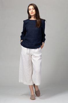 "Loose fitting, relaxed culottes, fluid and breezy, featuring a topstitched elasticated waistband and comfortable slanted side pockets. Slow fashion style, in a minimalist and timeless design, easy to style up or down. Sustainable made of pure certified European linen. FIT The Culottes have a relaxed fit. The intended positive ease around the hips is 12-16 cm/4.7-6.3\". To choose the right size, check out our body and garments measurements charts displayed in the product listing photos. If you n Luxury Cotton Culottes For Women, Chic White Luxury Culottes, Luxury Chic White Culottes, Luxury White Culottes For Work, Luxury White Workwear Culottes, Luxury White Culottes For Workwear, Fitted Linen Pants, Green Linen Pants, Linen Culottes