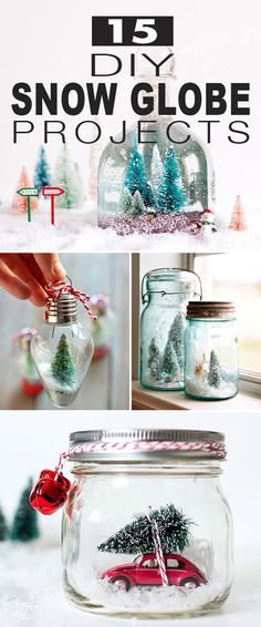 snow globe project for kids to make with glass jars and trees in them, including an ornament