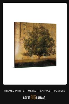 a painting with a tree on it in front of a white background and the words framed prints metal canvass posters great big canvass