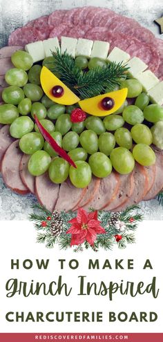 This Grinch Charcuterie Board is all you need to add some fun to your Christmas gathering. Our easy Grinch face charcuterie board filled with grapes and other kid-approved ingredients is perfect for kids and adults alike. It is the Christmas perfect snack idea for a Grinch party, or pair it with the movie for a fun family activity. Visit rediscoveredfamilies.com for the full guide, and save this pin for an easy go-to when the kids need holiday fun. Charcuterie Board For Kids, Grinch Fruit, Christmas Snacks Easy, Charcuterie Board Ideas, Classroom Treats