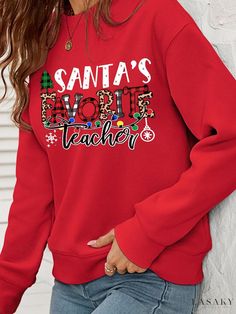 Lasaky - Fleece Insulated Christmas Sweatshirt with Printed Top Red Christmas Sweatshirt With Letter Print, Red Christmas Letter Print Sweatshirt, Red Letter Print Christmas Sweatshirt, Holiday Letter Print Sweatshirt, Cozy Pullover, Drop Shoulder Sweaters, Distressed Denim Jacket, Teacher Favorite Things, Pullover Designs