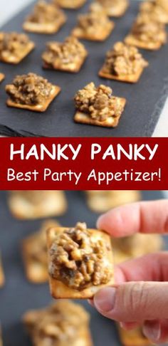 a hand holding up a cookie bar with the words hanky panky on it