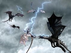 four different types of dragon flying in the sky with lightning behind them and one is attacking another