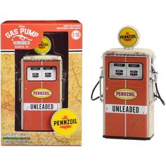 a red and white gas pump next to a cardboard box with the word pennzol on it