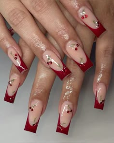 Pink And Red Cherry Nails, Cherry Red Gel Nails, Red Fancy Nails, Cherry Red French Tip Nails, Cherry Nails Design, Cherry Acrylic Nails, Red Nails Cherry, Red Acrylic Nails, Cherry Nails