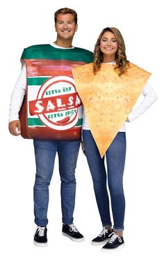 a man and woman are dressed up as a bag of chips and a slice of pizza