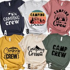 ⛺Camping Crew Shirts, Camping Shirt, Camping Buddies, Hiking Gift Shirt,  Vacation Shirt, Nature Lover, Adventure Lover, Gift for Best Friend, Mountain Camping Shirt, Explorer Shirts, Camping Adventure Gift This t-shirt is everything you've dreamed of and more. It feels soft and lightweight, with the right amount of stretch.  It's comfortable and flattering for both men and women.  * 100% combed and ring-spun cotton (Heather colors contain polyester) * Ash color is 99% combed and ring-spun cotto Camp Shirt Ideas, Camping Crew Shirts, Camp Tshirt Designs, Camping Tee Shirts, Camping Attire, Camp Shirt Designs, Happy Camper Shirt, Camp Shirts, Camping Shirts