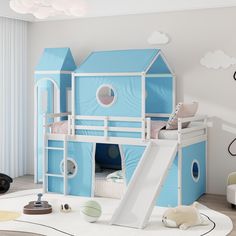 a child's bedroom with a blue and white bunk bed, slide and play area