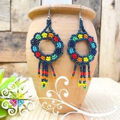 Flower Wreath Beaded Earrings Handmade Mexican Beaded Jewelry - Etsy Rainbow Beaded Earrings With Ear Wire, Colorful Beaded Round Earrings, Colorful Large Beaded Earrings, Rainbow Earrings With Colorful Round Beads, Handmade Rainbow Beaded Round Earrings, Handmade Multicolor Czech Glass Beaded Earrings, Multicolor Czech Glass Beaded Earrings, Handmade Czech Glass Multicolor Beaded Earrings, Multicolor Earrings With Black Beads For Gift