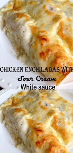 chicken enchiladas with sour cream white sauce are on plates, ready to be eaten