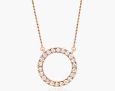 14K Rose Gold Lab-Grown Diamond Open Circle Pendant Necklace. Slim and sparkling, this lab-created diamond circle pendant is a touching look you'll want to wear every day. Crafted in 14K gold, this petite style features lab-created round brilliant-cut diamonds along the facing edge. This pendant is attached to a box chain and that secures with a spring-ring clasp. The necklace measures 18inches with an extra jump ring at 16 inches for versatility. Diamond Circle Pendant, Petite Style, Circle Pendant Necklace, Circle Pendant, Petite Fashion, Lab Created Diamonds, Box Chain, Round Brilliant Cut Diamond, Jump Rings