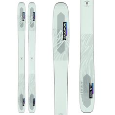 the front, back and side view of a pair of skis on white background