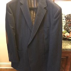 Jack Victor- Prossimo. Never Worn, No Tags. Navy Pinstriped W/Taupe Pinstripes. Elbow Patches. Open Side Pockets, 3 Inside Pockets. Italian Fabric. 100% Wool. Size: 46. Elegant Striped Outerwear With Pockets, Formal Pinstripe Outerwear With Pockets, Semi-formal Striped Outerwear With Welt Pockets, Striped Semi-formal Outerwear With Welt Pockets, Pinstripe Business Outerwear With Pockets, Business Pinstripe Outerwear With Pockets, Striped Long Sleeve Outerwear For Business Casual, Classic Striped Outerwear With Suit Collar, Striped Semi-formal Long Sleeve Outerwear