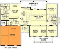 the first floor plan for a home with two master suites and an attached garage area