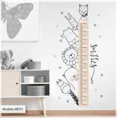 a child's growth chart wall decal with animals and stars in pink, black and white