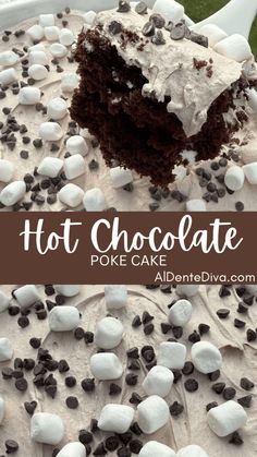 a chocolate cake with marshmallows on top and the words hot chocolate poke cake above it