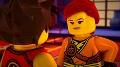 the lego movie character is talking to another person in an orange shirt and red hat