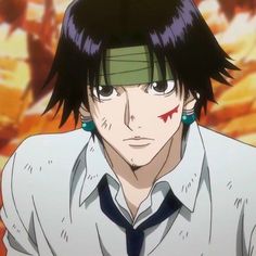 an anime character with black hair wearing a white shirt and green earrings, staring at the camera