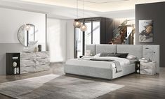 VIG Furniture Nova Domus Maranello - Eastern King Modern Grey Bed Set VGMABR-121-GRY-BED-SET-EK Modern Grey Bed, Grey Bed Set, Gray Bed Set, Gray Fabric Headboard, 2 Nightstands, Grey Bed, La Furniture, Fabric Headboard, Dresser Mirror