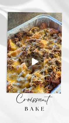 a casserole dish with cheese and meat in it on a white background that says crosspoint bake