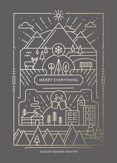 a card with the words merry everything on it and an image of a town in the background