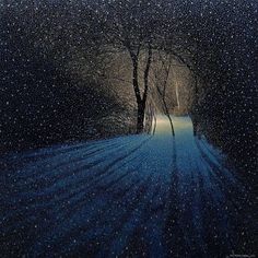 a painting of trees and snow at night