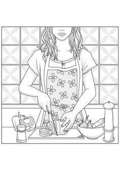 a coloring book with a girl in the kitchen preparing food and text that reads color therapy relax through social coloring