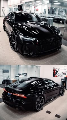 two different views of a black sports car in a showroom, one showing the front and