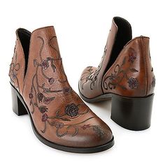 Ladies  complete your look with this elegant and timeless bootie with its riding boot silhouette and western-inspired floral embroidered design. The luxurious buttery soft Italian calf skin leather and stable block heel add to the appeal of these boots. Show off your personal style and wear them with skinny jeans or leggings paired with an oversized top or jacket. They will also look amazing when worn with your favorite knee high dress and tights. Fall Floral Embroidered Snip Toe Boots, Fall Floral Embroidery Snip Toe Boots, Embroidered Leather Boots For Fall, Fall Embroidered Leather Boots, Dress And Tights, Stable Block, Knee High Dress, Boot Silhouette, Ron White