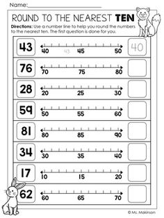 rounding to the nearest ten worksheet with numbers on it and an animal theme