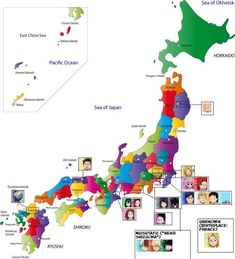 a map of japan with all the states and their respective people's avatars