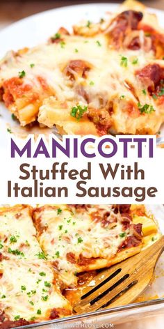 two slices of manicotti stuffed with italian sausage are on a white plate and one slice is missing