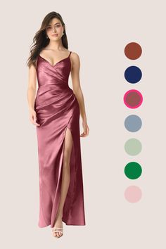 a woman in a long pink dress standing next to an assortment of color swatches