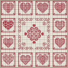 a red and white cross stitch pattern with hearts on the front, surrounded by squares