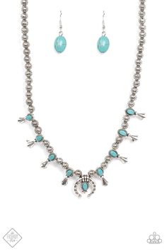 mall turquoise stones pressed into oval frames accented with silver flutes fan out across the collar in a timeless display. At the center of the design, an embossed silver horseshoe encircles a turquoise stone for a lucky finish. Features an adjustable clasp closure. Sold as one individual necklace. Includes one pair of matching earrings. Paparazzi Fashion, Blue Stone Necklace, White Stones, Paparazzi Accessories, Turquoise Stones, Trendy Collection, Oval Frame, Necklace Online, Blue Necklace