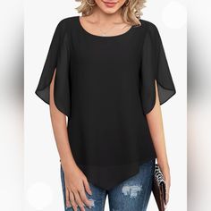 New Black Flowy Chiffon Top With A Scoop Neck & Flowy Half Split Sleeves. Sleeves Are 3/4 Length Casual Chiffon Blouse, Flowy Shirts, Professional Blouses, Split Sleeve, Flattering Tops, Dressy Blouse, Half Skirt, Black Chiffon, Chiffon Material