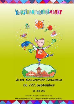 the poster for an art exhibition with a pig on top of a building and other items