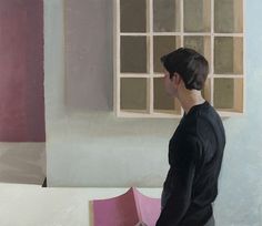 a painting of a man standing in front of a window looking at another person's reflection