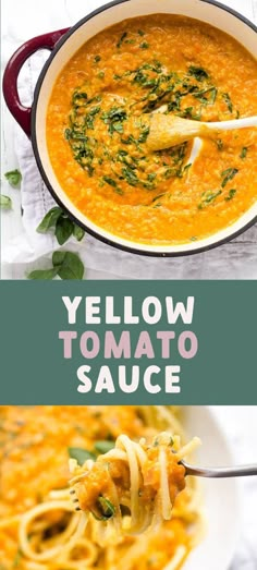 yellow tomato sauce in a white bowl with noodles and spinach leaves on the side