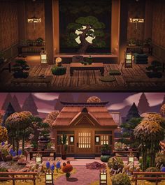 two screens showing the inside and outside of a house with trees, bushes and lanterns