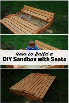 a child playing in a sandbox with seats made out of wood