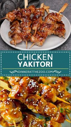 chicken yakimori on skewers with sesame seeds and teriyaki sauce