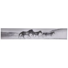 black and white photo of three horses running in the mist with mountains in the background