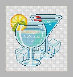 a cross stitch pattern with an image of a blue cocktail in a glass and ice cubes