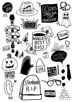 black and white drawing of various items that are in the shape of a sign with words