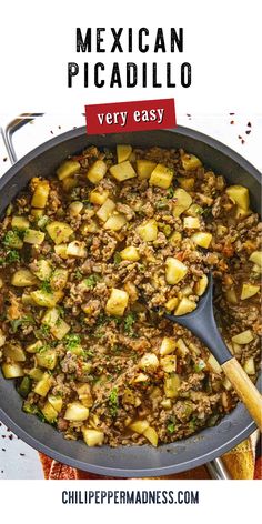 a skillet filled with mexican picadillo and potatoes