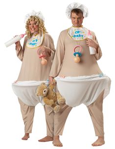 two people dressed in funny costumes holding toys