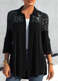 Color:Black;Size:S;Size:M;Size:L;Size:XL;Size:XXL;Package Contents:1 X Blouse;Occasion:Other;Style:Casual; Black Flannel Shirt For Fall, Black Sequined Tops For Spring, Black Fall Blouse For Night Out, Black Collared Shirt For Party, Black Blouse For Night Out In Fall, Long Sleeve Sequin Shirt For Fall, Fall Workwear Blouse With Sequins, Black Collared Blouse For Fall, Black Shirt For Fall